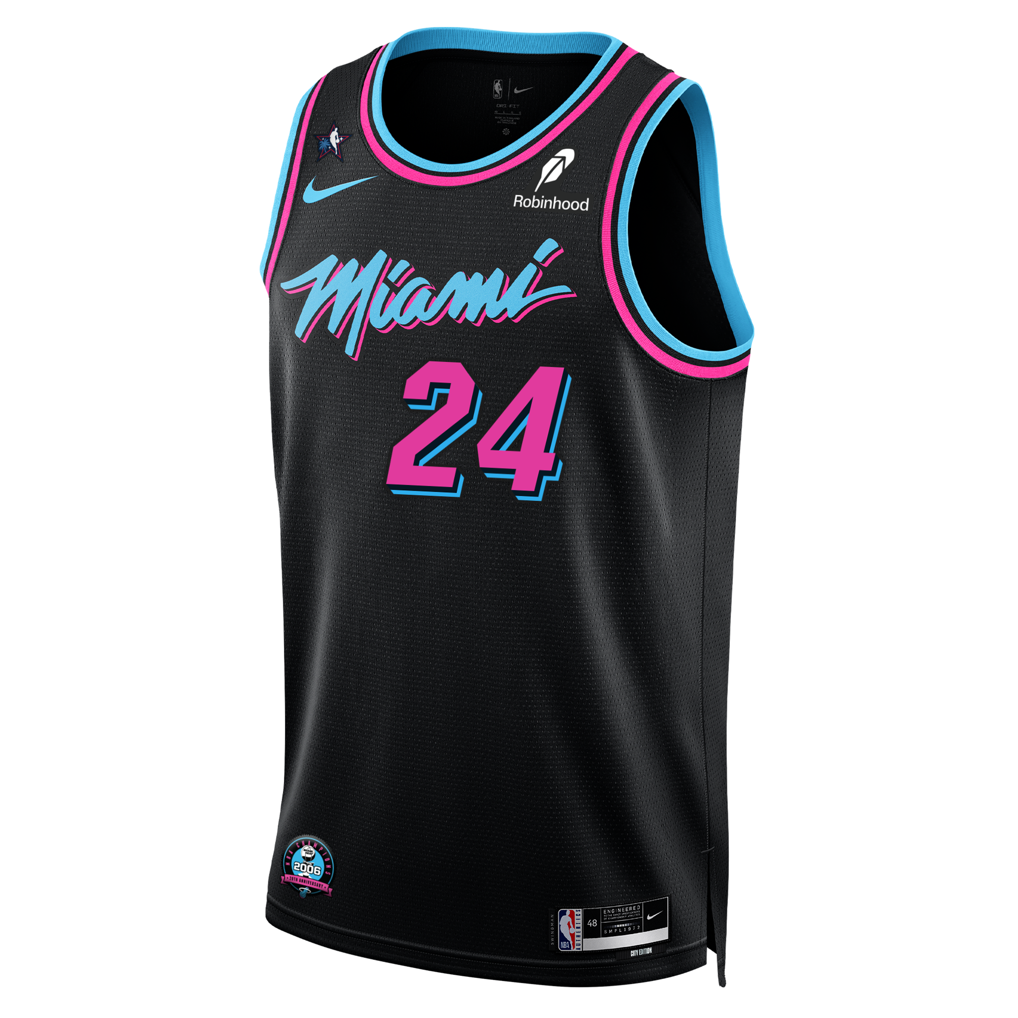 The Norman Powell Nike Original Vice Nights Youth Swingman Jersey features a black base with blue and pink accents, number 24, stylized 