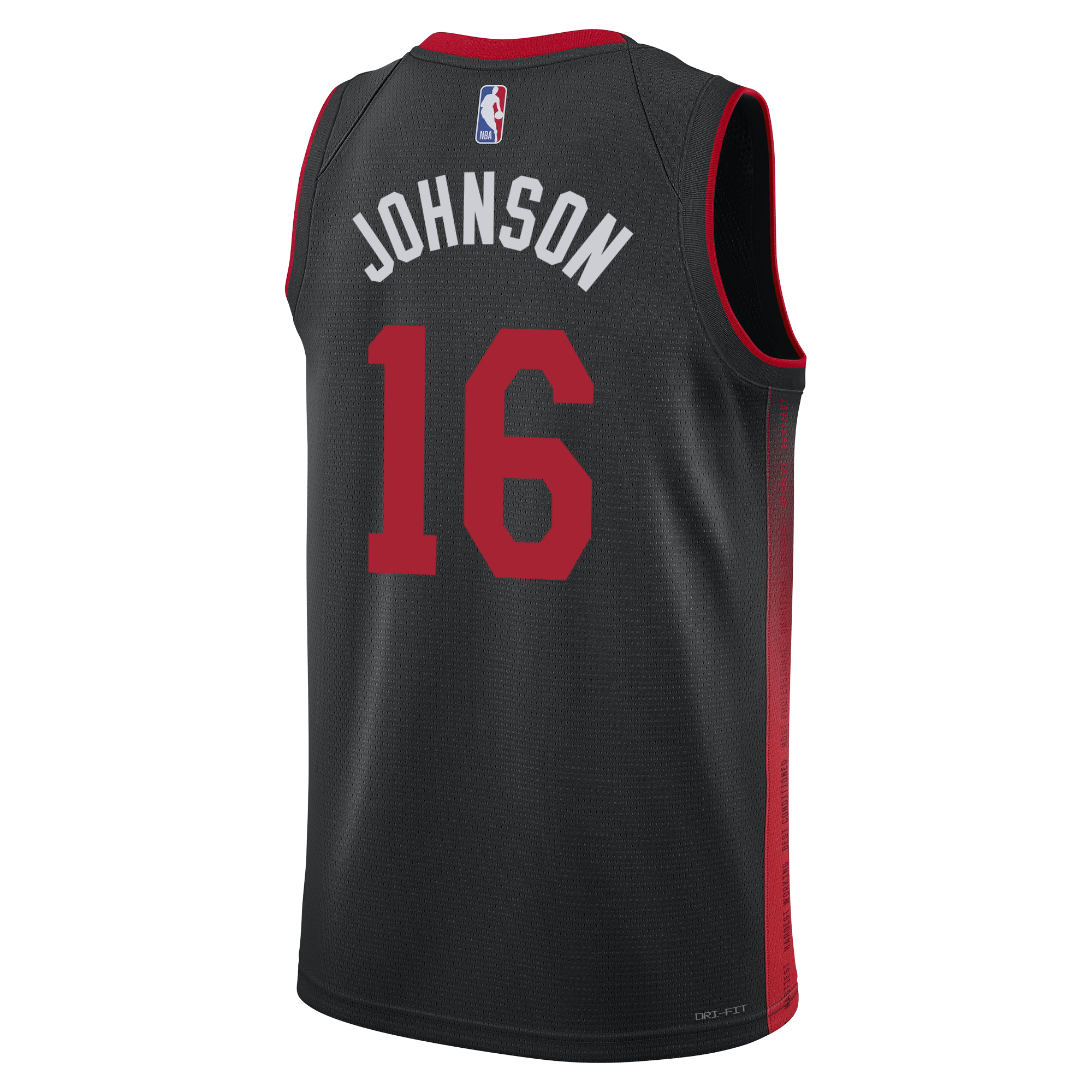 The Keshad Johnson Nike HEAT Culture Youth Swingman Jersey is a black Miami HEAT 2023-24 City Edition uniform with red side panels, “JOHNSON” in white, bold red #16 on the back, and NBA logo at the top center—true HEAT Culture by Nike.