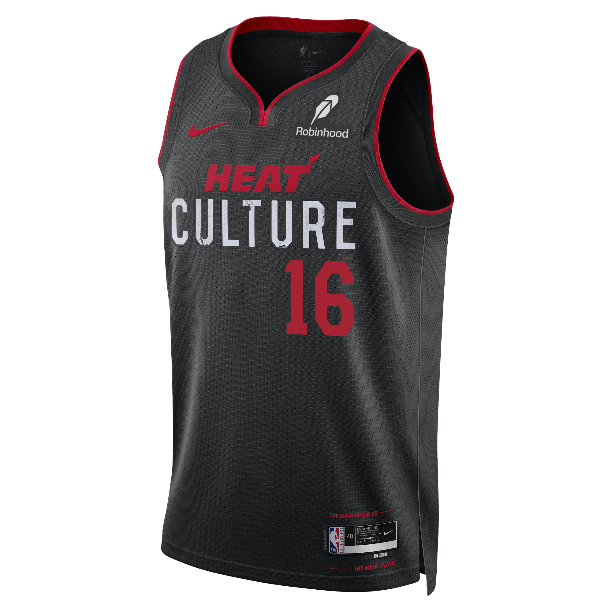 The Keshad Johnson Nike HEAT Culture Youth Swingman Jersey features a black 2023-24 City Edition design with red trim, HEAT CULTURE and #16 in red/white, plus a Robinhood logo on the right shoulder.
