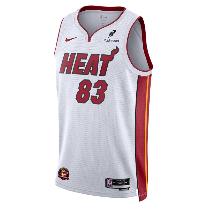 The Bam Adebayo Nike Miami HEAT Association White “83-Point Game” Swingman Jersey features bold red #83, HEAT on the chest, sponsor logos, an NBA tag at the hem, and a 2006 NBA Championship patch.