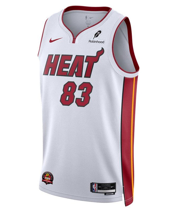 The Nike Bam Adebayo Miami HEAT Association White “83-Point Game” Swingman Jersey features HEAT and number 83 on the front, ADEBAYO and 83 on the back, red/yellow accents, sponsor and NBA logos, plus a 2006 Championship patch.
