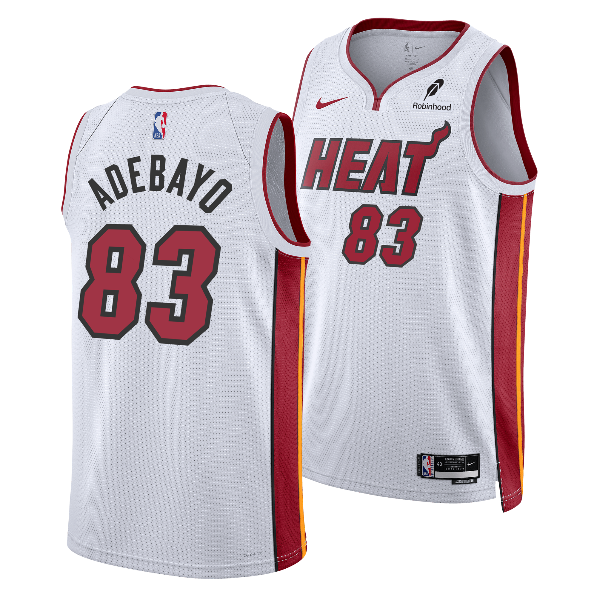 See front and back of the Nike Bam Adebayo Miami HEAT Association White “83-Point Game” Swingman Jersey, displaying “Adebayo” and red 83, with Dri-FIT tech plus Nike and Robinhood logos—celebrating Bam’s legendary 83-point night.