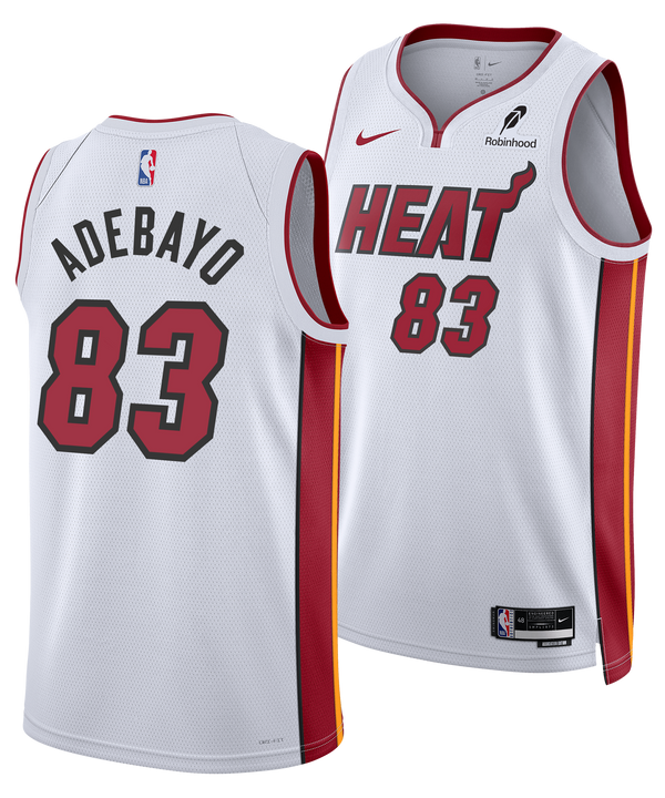 See front and back of the Nike Bam Adebayo Miami HEAT Association White “83-Point Game” Swingman Jersey, displaying “Adebayo” and red 83, with Dri-FIT tech plus Nike and Robinhood logos—celebrating Bam’s legendary 83-point night.