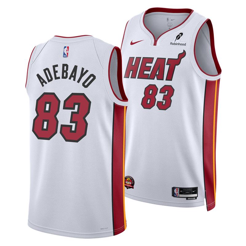 The Nike Bam Adebayo Miami HEAT Association White “83-Point Game” Swingman Jersey features HEAT and number 83 on the front, ADEBAYO and 83 on the back, red/yellow accents, sponsor and NBA logos, plus a 2006 Championship patch.