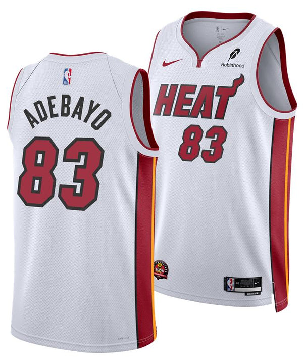 The Nike Bam Adebayo Miami HEAT Association White “83-Point Game” Swingman Jersey features HEAT and number 83 on the front, ADEBAYO and 83 on the back, red/yellow accents, sponsor and NBA logos, plus a 2006 Championship patch.