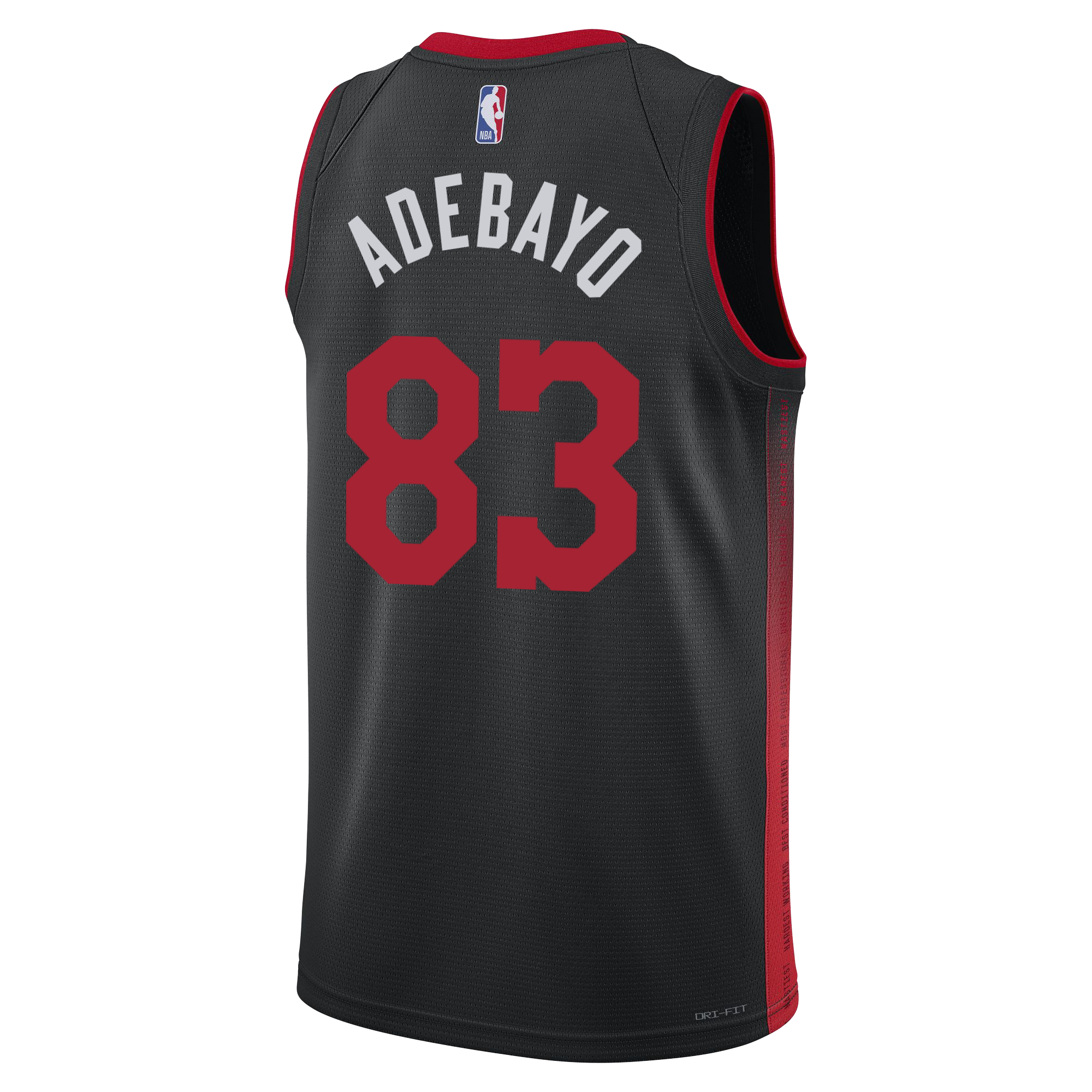 The Bam Adebayo Nike HEAT Culture “83-Point Game” Swingman Jersey features bold red ADEBAYO and 83 on a black base with red trim, NBA logo, and design inspired by the Miami HEAT City Edition uniform.