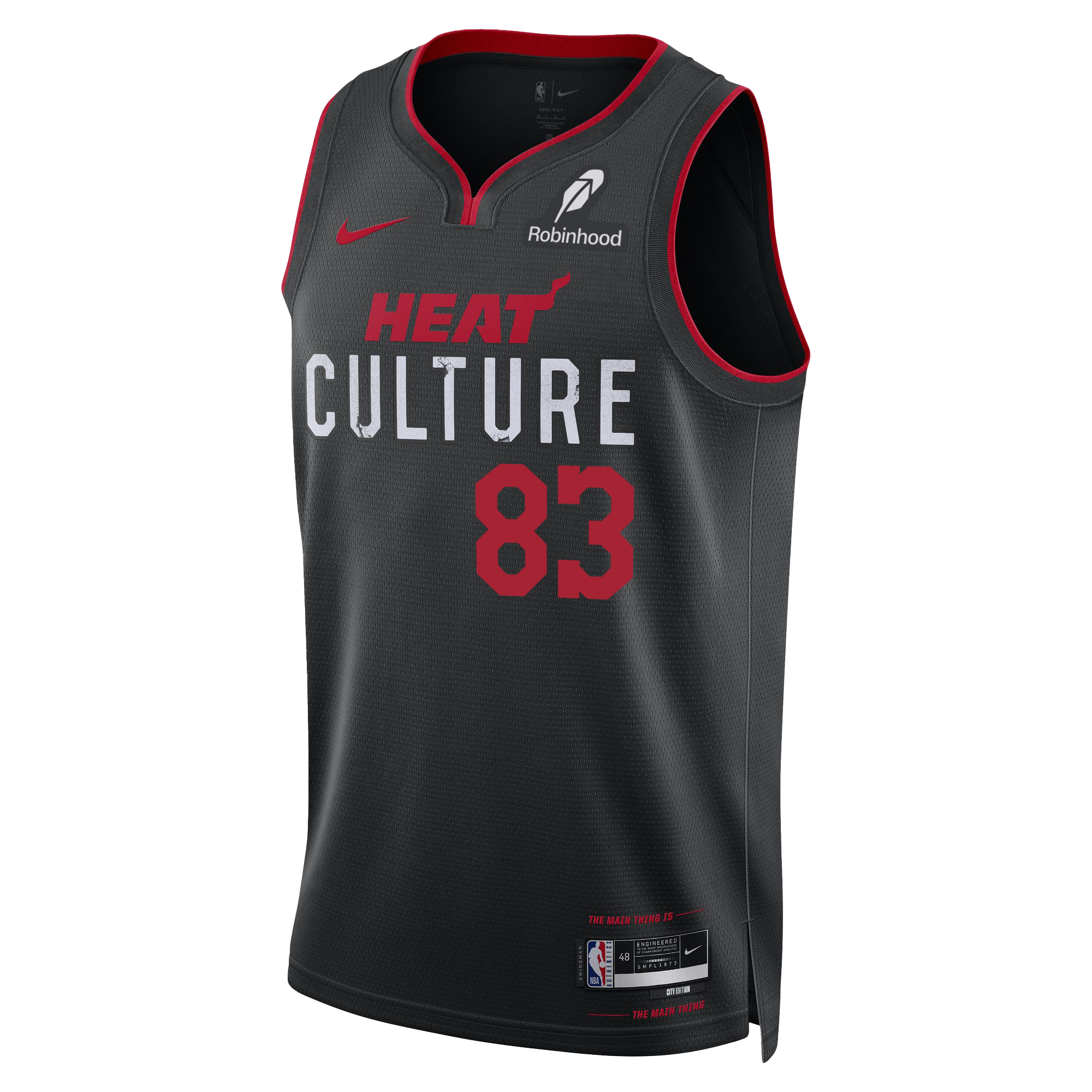 The Bam Adebayo Nike HEAT Culture “83-Point Game” Swingman Jersey features a black Miami HEAT City Edition design with red accents, bold 83 graphics, and Nike branding—ideal for fans seeking an authentic NBA jersey.