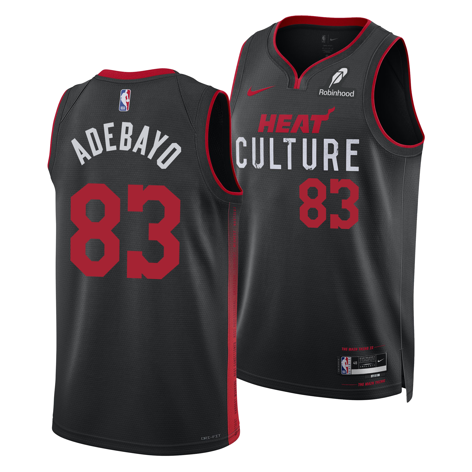 The Bam Adebayo Nike HEAT Culture “83-Point Game” Swingman Jersey features black fabric with red and white accents, ADEBAYO and 83 on the back, HEAT Culture and 83 on the front, plus Nike and Robinhood logos.