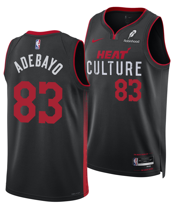 The Bam Adebayo Nike HEAT Culture “83-Point Game” Swingman Jersey features black fabric with red and white accents, ADEBAYO and 83 on the back, HEAT Culture and 83 on the front, plus Nike and Robinhood logos.