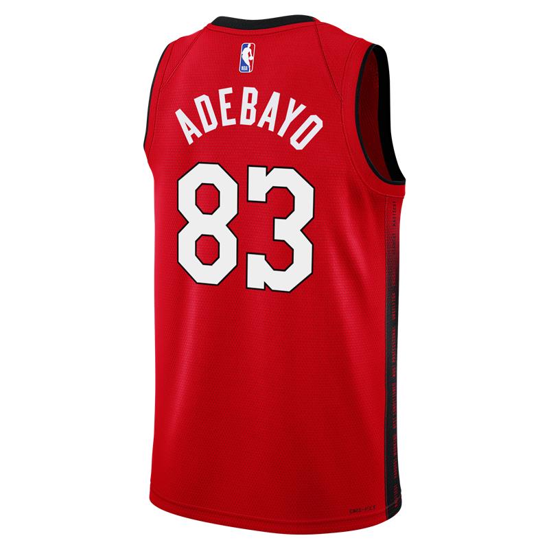 The Nike Bam Adebayo HEAT Culture: Blood Red “83-Point Game” Swingman Jersey features black trim, ADEBAYO and 83 in white on the back, plus an NBA logo, making it a standout collector’s edition.