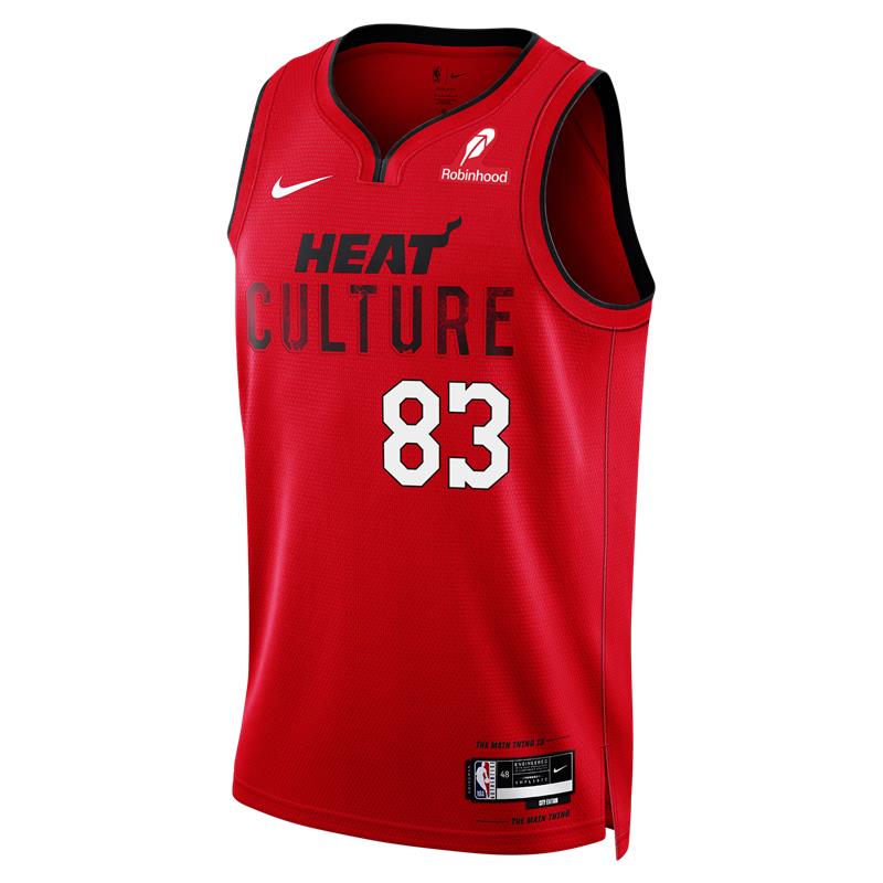The Nike Bam Adebayo HEAT Culture: Blood Red “83-Point Game” Swingman Jersey features “HEAT CULTURE” and number 83 in black and white, plus Nike, Robinhood, and NBA branding.