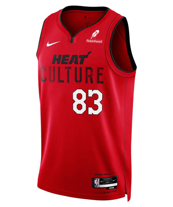 Front and back of the Bam Adebayo Nike HEAT Culture: Blood Red “83-Point Game” Swingman Jersey, showing “HEAT CULTURE” and 83 on the front, “ADEBAYO” and 83 on the back, plus Nike and Robinhood logos.