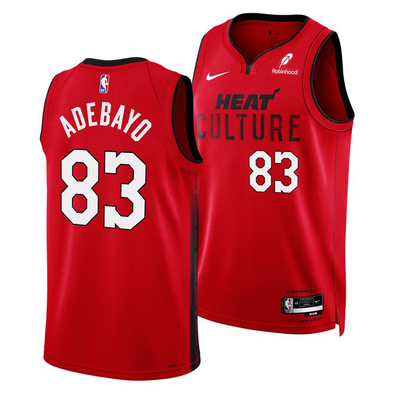 Front and back of the Bam Adebayo Nike HEAT Culture: Blood Red “83-Point Game” Swingman Jersey, showing “HEAT CULTURE” and 83 on the front, “ADEBAYO” and 83 on the back, plus Nike and Robinhood logos.