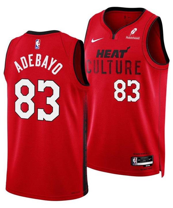 Front and back of the Bam Adebayo Nike HEAT Culture: Blood Red “83-Point Game” Swingman Jersey, showing “HEAT CULTURE” and 83 on the front, “ADEBAYO” and 83 on the back, plus Nike and Robinhood logos.