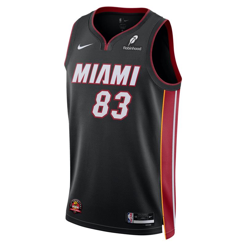 The Bam Adebayo Nike Miami HEAT Icon Black “83-Point Game” Swingman Jersey features red and yellow side panels, white-and-red number 83, bold MIAMI on the front, plus Nike and sponsor logos—honoring the team’s legacy.