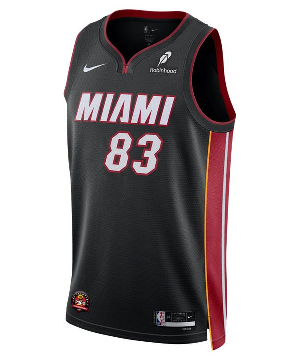 The Nike Bam Adebayo Miami HEAT Icon Black “83-Point Game” Swingman Jersey features red and white accents, MIAMI and 83 on the front, ADEBAYO and 83 on the back, NBA logos, and a 2006 Championship patch.