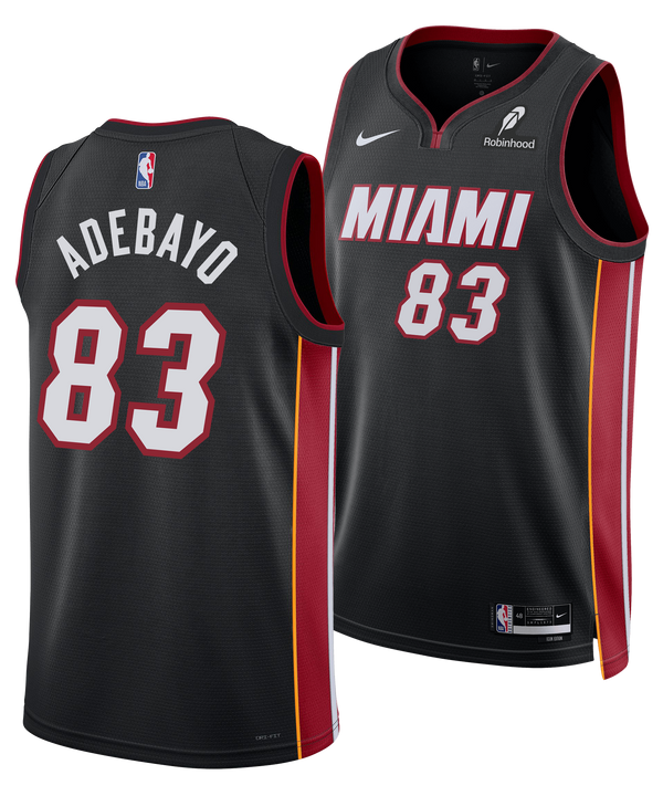 The Bam Adebayo Nike Miami HEAT Icon Black “83-Point Game” Swingman Jersey features red and white accents, number 83, MIAMI 83, Dri-FIT tech, plus Nike and Robinhood logos for a premium look.