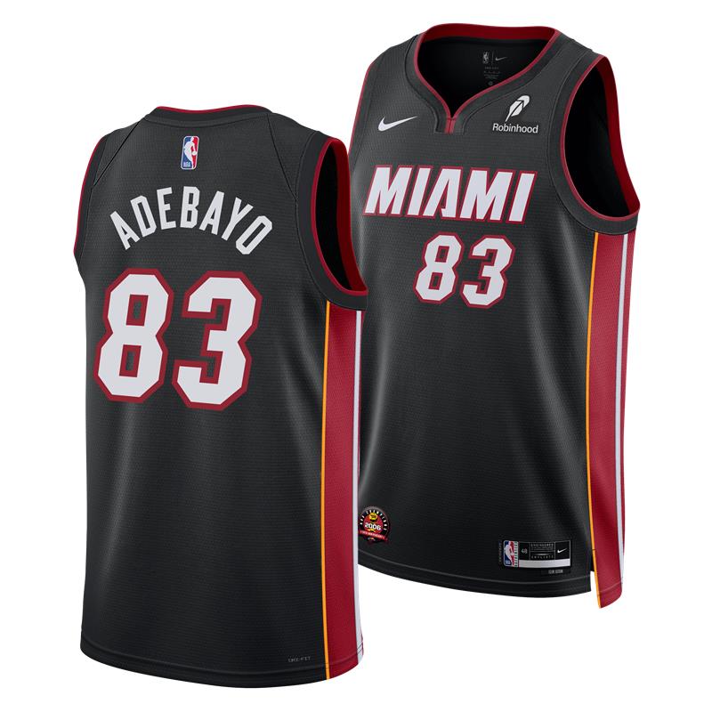The Nike Bam Adebayo Miami HEAT Icon Black “83-Point Game” Swingman Jersey features red and white accents, MIAMI and 83 on the front, ADEBAYO and 83 on the back, NBA logos, and a 2006 Championship patch.