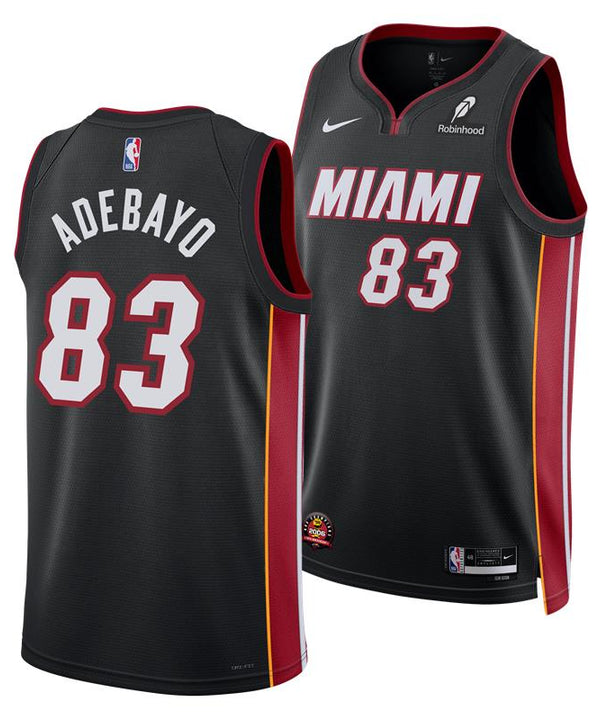 The Nike Bam Adebayo Miami HEAT Icon Black “83-Point Game” Swingman Jersey features red and white accents, MIAMI and 83 on the front, ADEBAYO and 83 on the back, NBA logos, and a 2006 Championship patch.