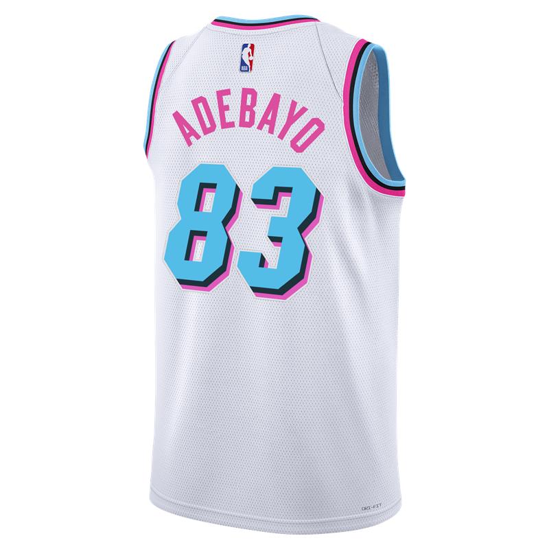 The Nike Bam Adebayo Original Vice “83-Point Game” Swingman Jersey features a white Miami Heat City Edition design with ADEBAYO in pink and large teal 83 numbers, outlined in pink and black, evoking the iconic 1988 Miami Vice style.