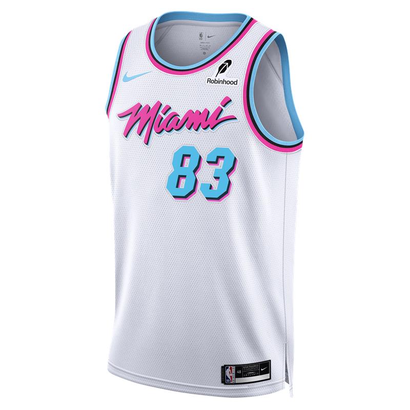 The Bam Adebayo Nike Original Vice “83-Point Game” Swingman Jersey features white fabric, pink and blue trim, pink 