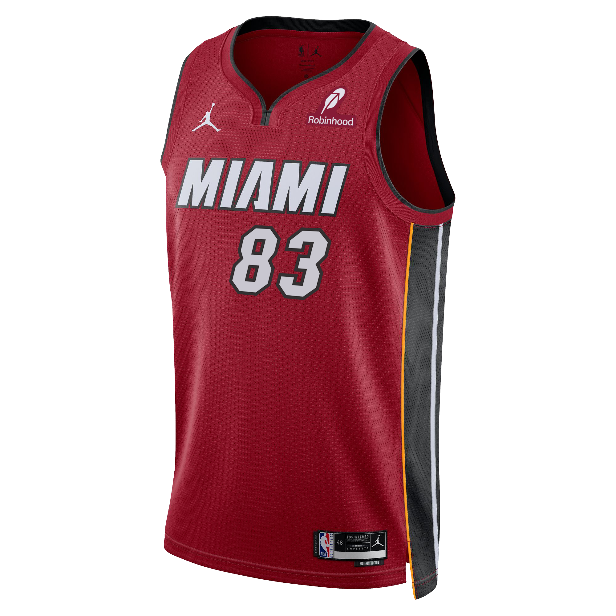 The Bam Adebayo Nike Jordan Miami HEAT Statement Red “83-Point Game” Swingman Jersey features Dri-FIT tech, number 83, gray/yellow side panels, and Jordan, Robinhood, and NBA logos on a bold red background.