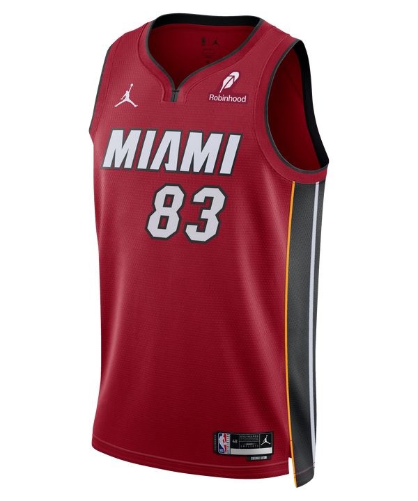The Nike Bam Adebayo Jordan Brand Miami HEAT Statement Red “83-Point Game” Swingman Jersey features Dri-FIT comfort, white/black accents, NBA and Jordan logos, Robinhood sponsor, and Adebayo’s name with number 83 on the back.