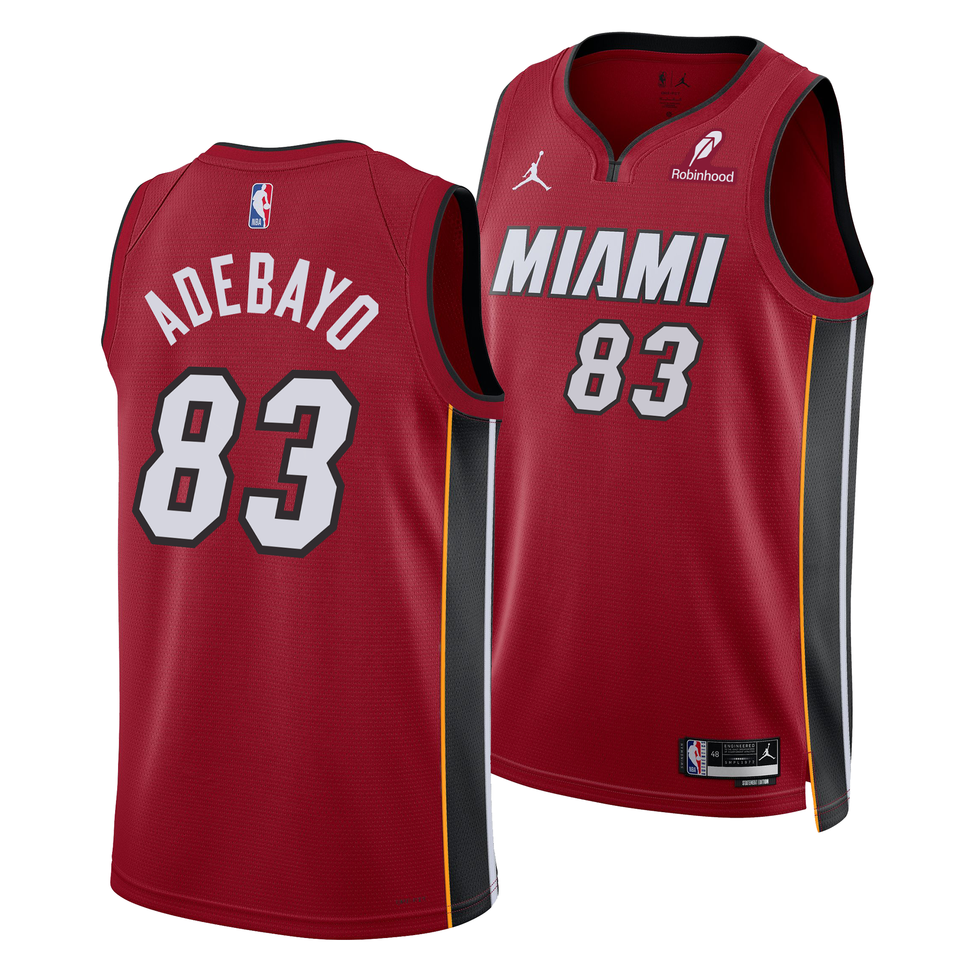 The Nike Bam Adebayo Jordan Brand Miami HEAT Statement Red “83-Point Game” Swingman Jersey features Dri-FIT comfort, white/black accents, NBA and Jordan logos, Robinhood sponsor, and Adebayo’s name with number 83 on the back.