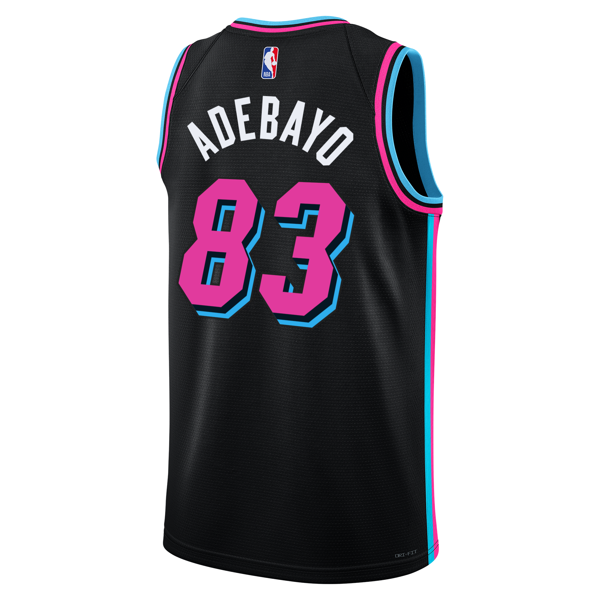 The Nike Bam Adebayo Original Vice Nights “83-Point Game” Swingman Jersey features ADEBAYO and 83 in bold pink and blue with Vice-inspired trim, styled after the iconic HEAT special edition NBA black jerseys.