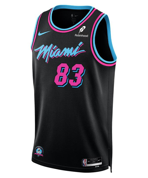 The Nike Bam Adebayo Original Vice Nights “83-Point Game” Swingman Jersey features neon pink/blue trim, “Adebayo” and 13 on back, “Miami” and 13 on front, plus sponsor logos and a 20th Anniversary NBA Championship patch.