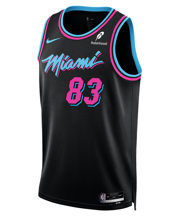 The Nike Bam Adebayo Original Vice Nights “83-Point Game” Swingman Jersey features black fabric with pink and blue trim, “Miami” in pink script, #83 in pink with blue outline, plus Nike and Robinhood logos on the chest.