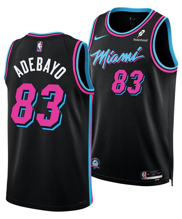 The Nike Bam Adebayo Original Vice Nights “83-Point Game” Swingman Jersey features neon pink/blue trim, “Adebayo” and 13 on back, “Miami” and 13 on front, plus sponsor logos and a 20th Anniversary NBA Championship patch.