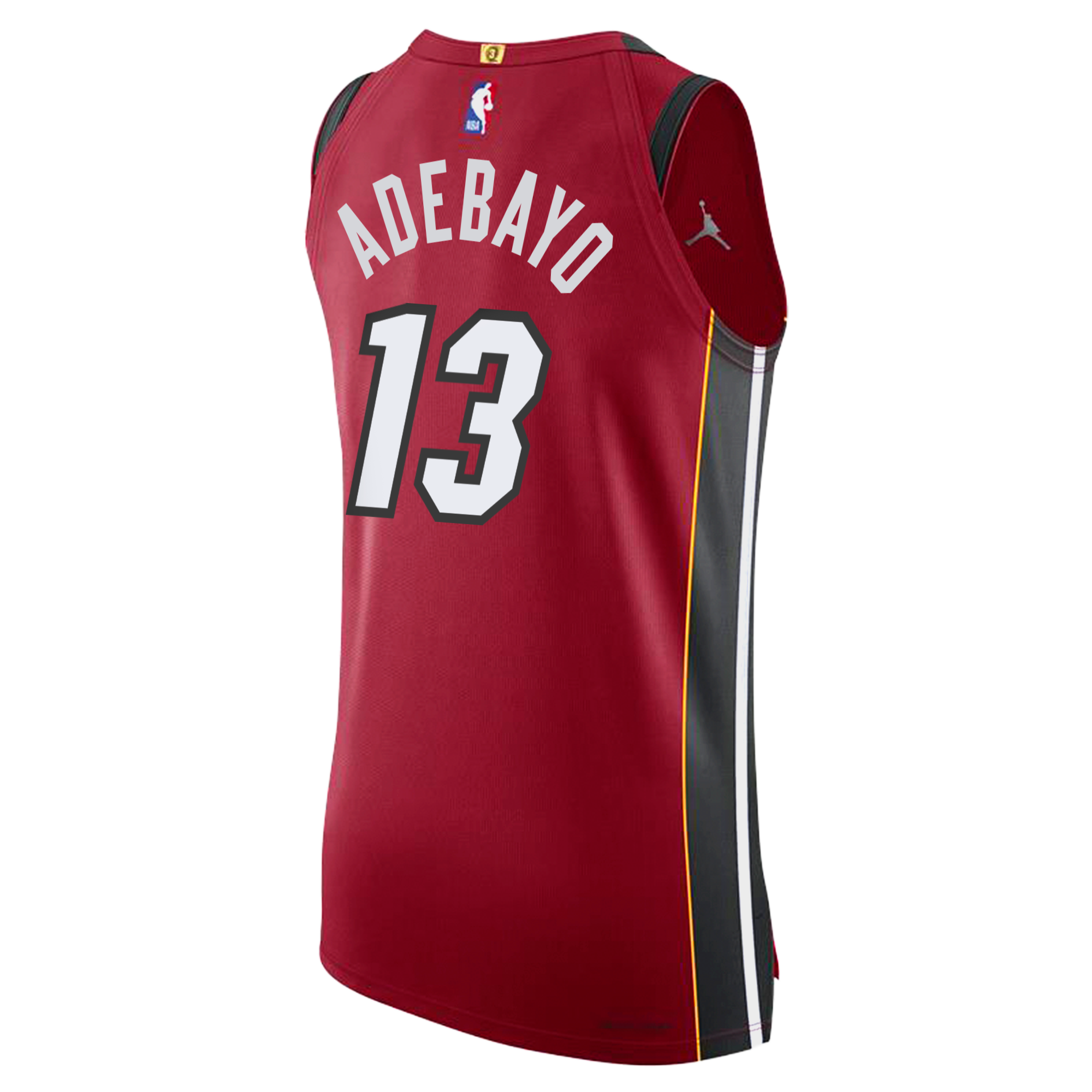 The Bam Adebayo Nike Jordan Brand Miami HEAT Statement Red Authentic Jersey features ADEBAYO with number 13 in white and black on the back, plus NBA and Jordan logos, reflecting classic HEAT style.
