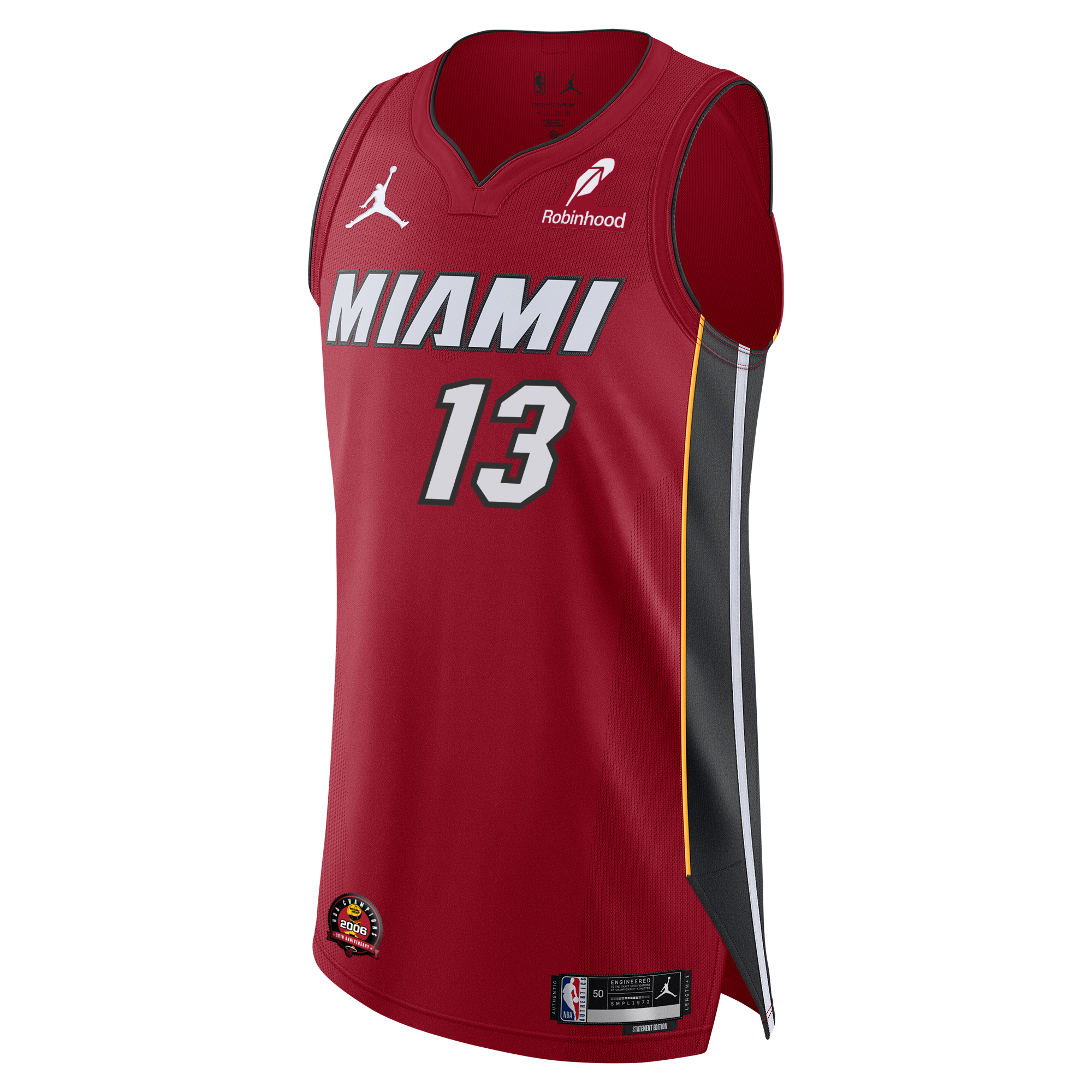 The Bam Adebayo Nike Jordan Brand Miami HEAT Statement Red Authentic Jersey features the number 13 in white, black and yellow side panels, Jordan and Robinhood logos, plus NBA, Miami Heat, and 2006 Championship patch near the hem.