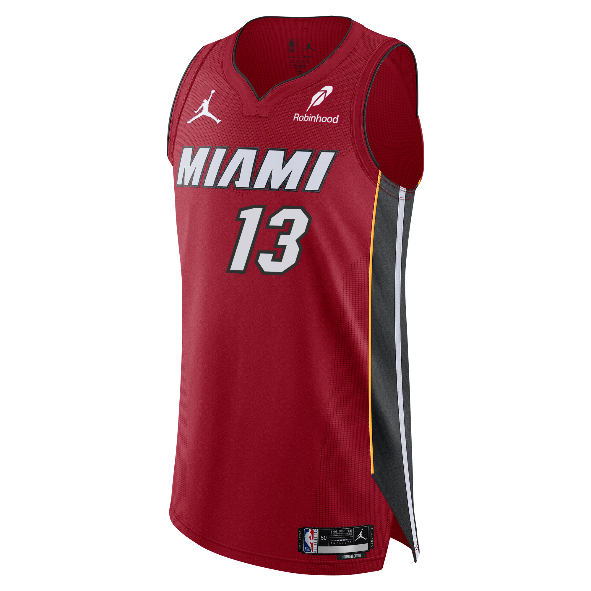 The Bam Adebayo Nike Jordan Brand Miami HEAT Statement Red Authentic Jersey features number 13 in white, bold 