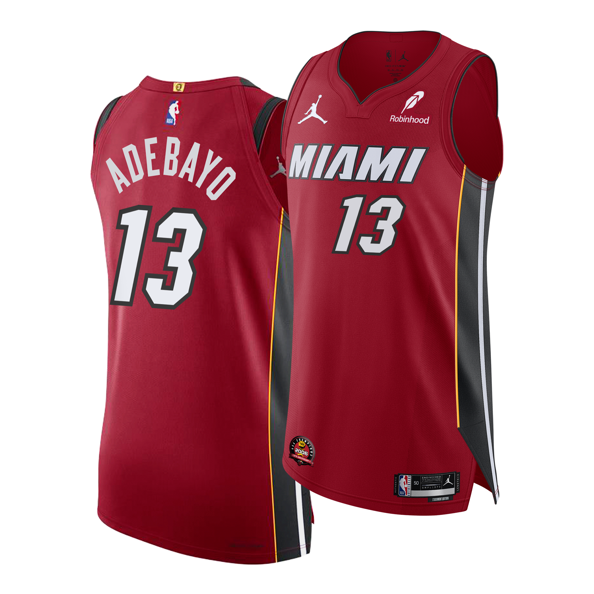 The Bam Adebayo Nike Miami HEAT Statement Red Authentic Jersey features number 13 and ADEBAYO on the back, with team and sponsor logos, shown front and back—available in Swingman or Authentic styles.