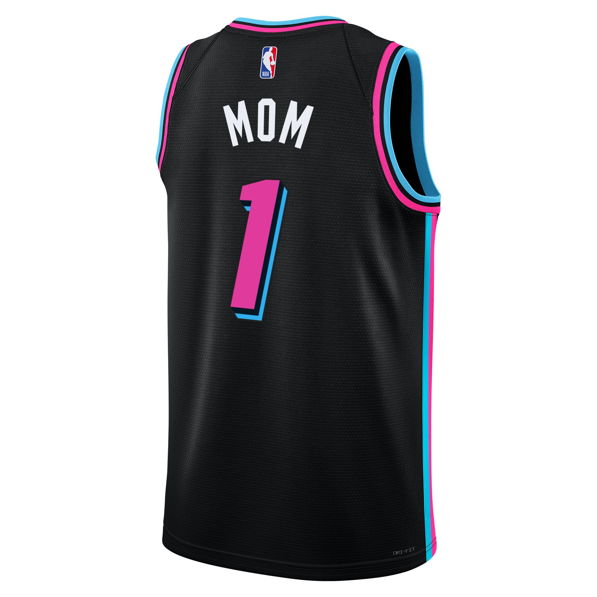 The Nike #1 Mom Original Vice Nights Swingman Jersey features Vice Nights-inspired black design, NBA logo on the back, 