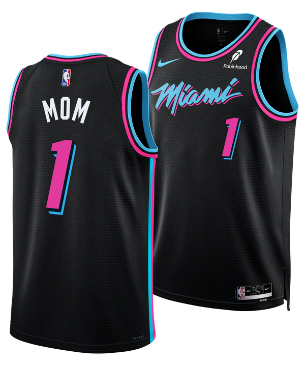 Two Nike #1 Mom Original Vice Nights Swingman jerseys in black with pink and blue trim. “Miami” and number 1 on front; “MOM” above number 1 on back. Perfect personalized gift for any Miami Heat fan.