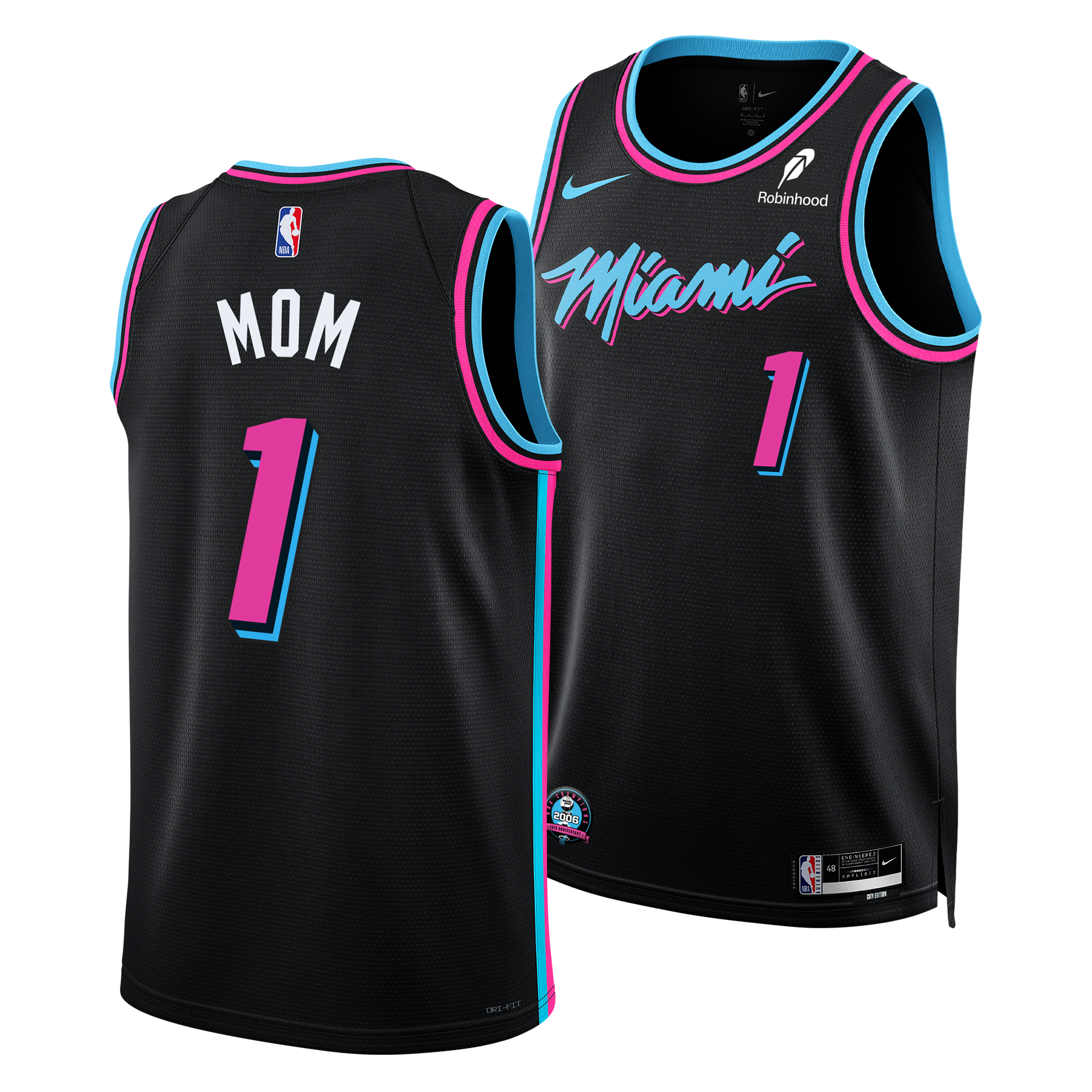 The Nike #1 Mom Original Vice Nights Swingman Jersey features black fabric with pink and blue trim, “Miami” script and number 1 on the front, and MOM above number 1 on the back—a perfect personalized gift for Heat fans.