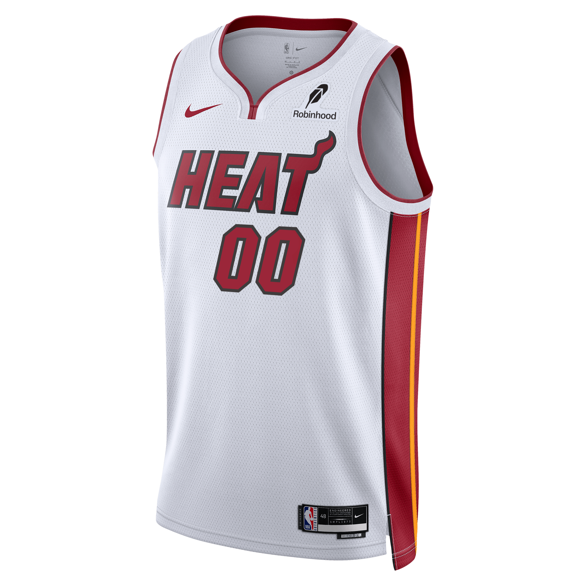 The Ryan Conwell Nike Miami HEAT Association White Swingman Jersey features red trim, HEAT and 00 in red, a Nike logo, Robinhood sponsor logo, official NBA patch, polyester material, and Dri-FIT technology.