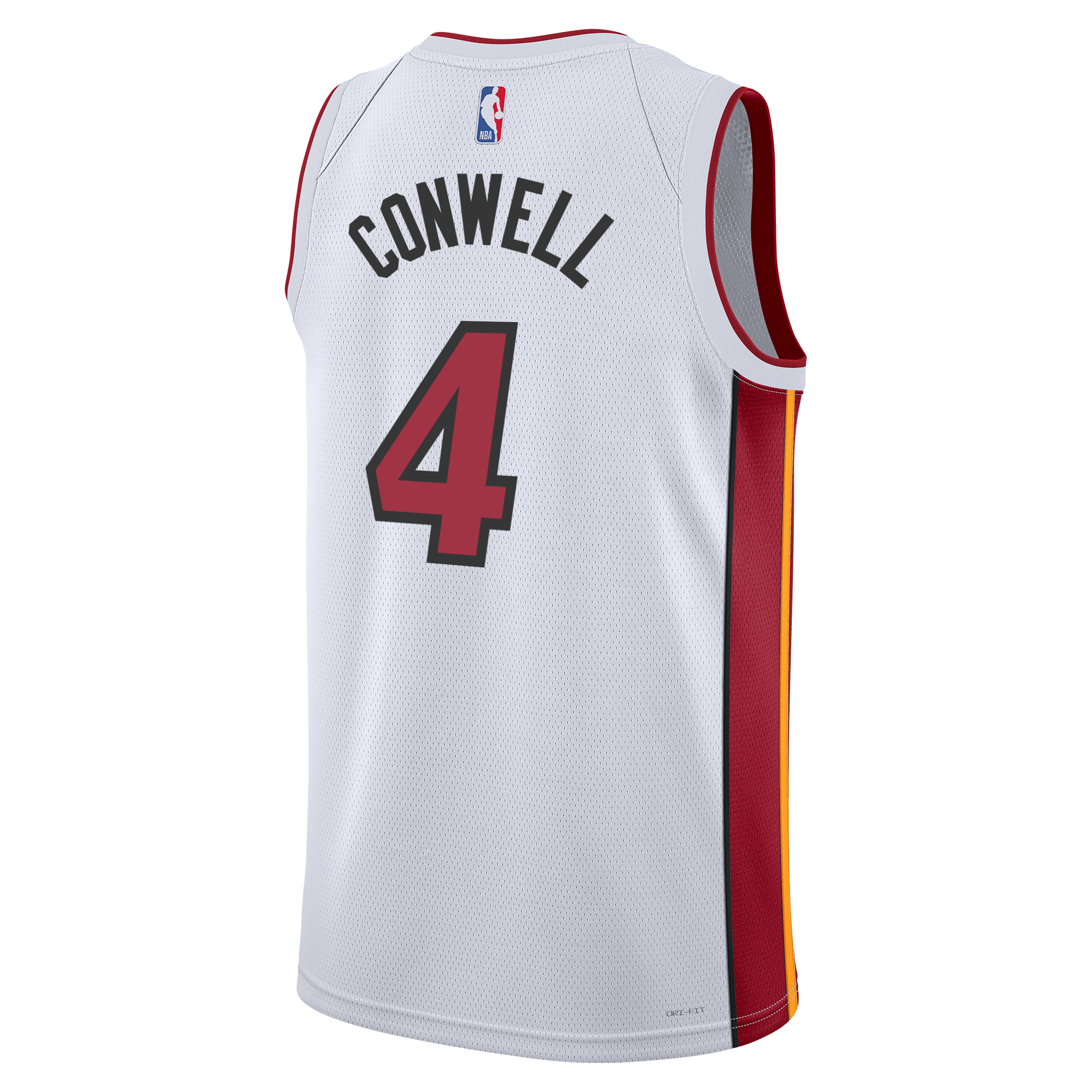 The Nike Miami HEAT Association White Youth Swingman Jersey features red and yellow side panels, 