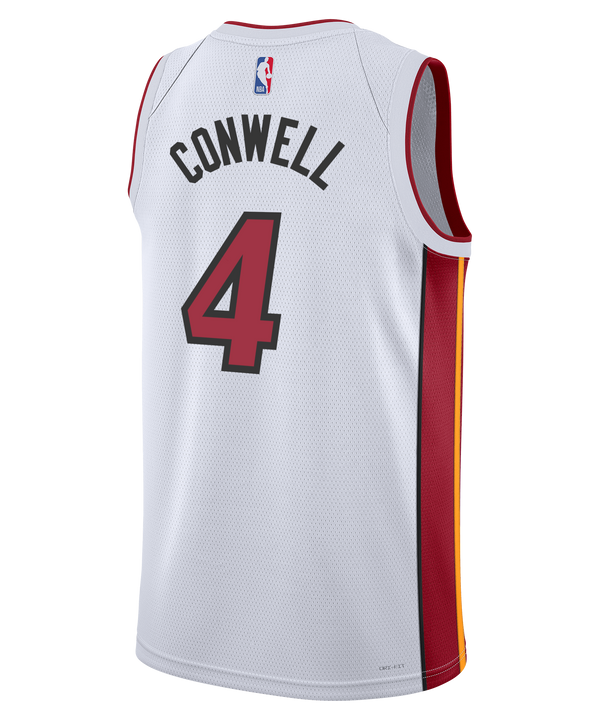 The Ryan Conwell Nike Miami HEAT Association White Swingman Jersey features red accents, number 4, Nike and Robinhood logos, bold red and yellow side stripe, and Dri-FIT moisture-wicking technology for comfort.