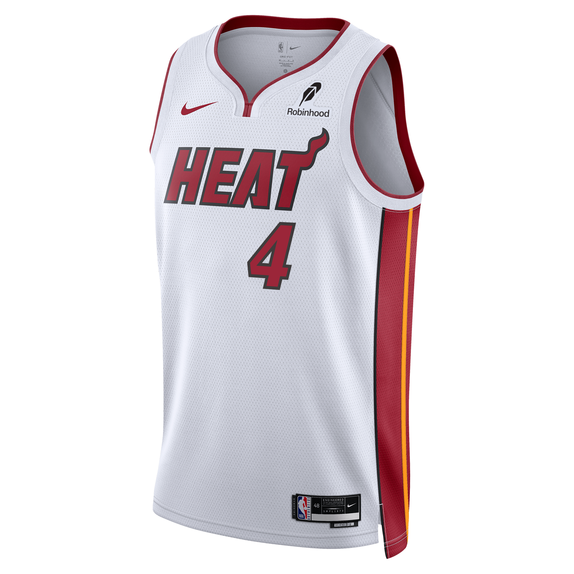 The Nike Miami HEAT Association White Youth Swingman Jersey features bold HEAT lettering, number 4, red accents, Dri-FIT tech for moisture wicking, plus Nike and Robinhood logos. Inspired by Ryan Conwell’s team look.