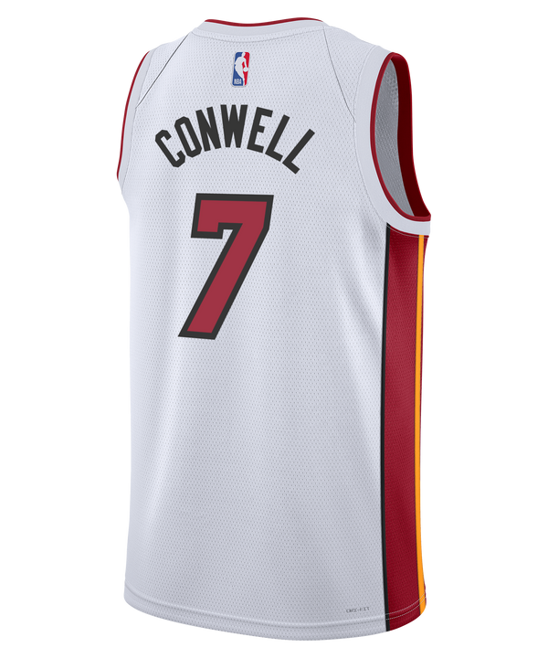 The Ryan Conwell Nike Miami HEAT Association White Swingman Jersey features red HEAT text, number 7, red/yellow side panels, Nike and Robinhood logos, NBA Authentics tag, and moisture-wicking Dri-FIT tech to keep you cool.