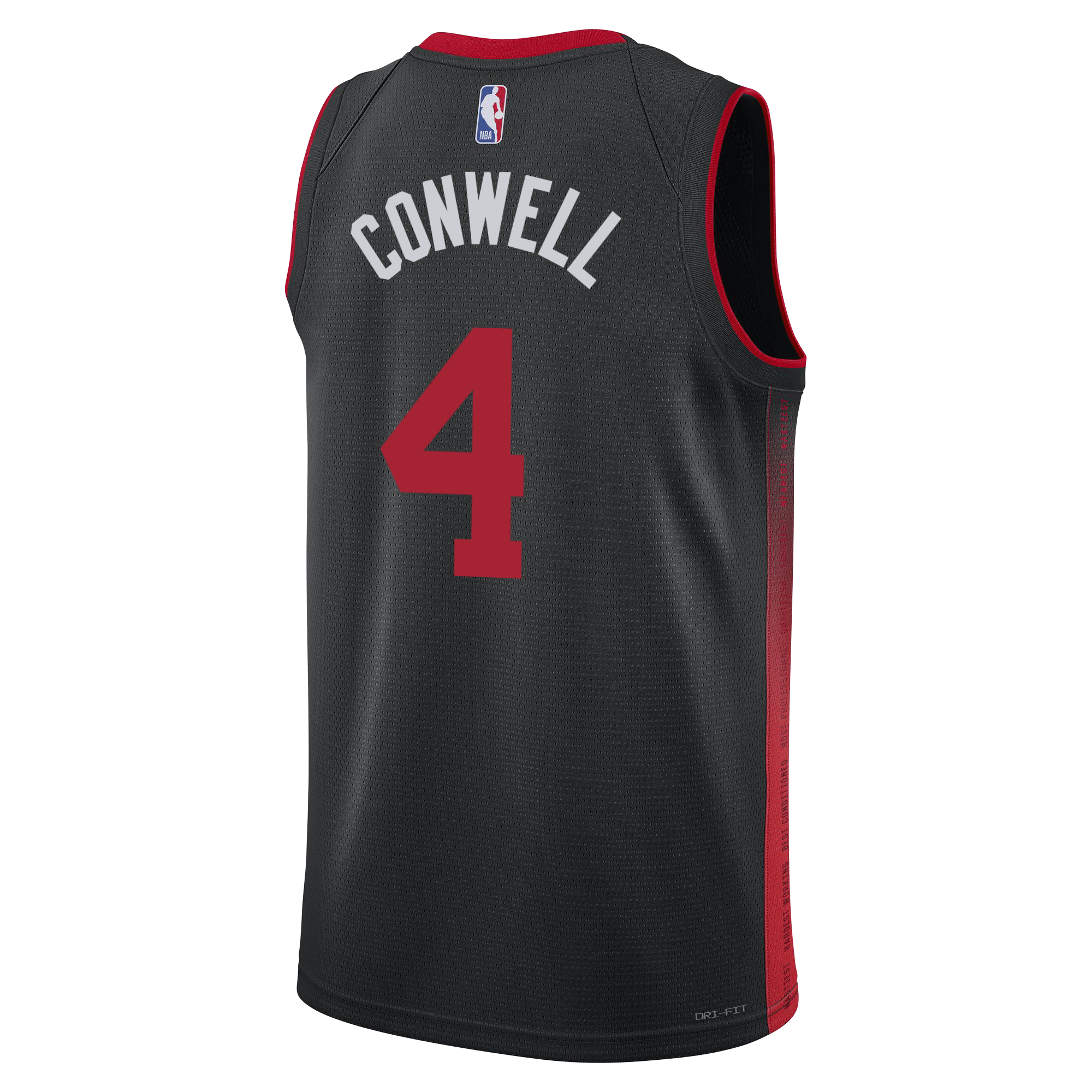 Back view of the Ryan Conwell Nike HEAT Culture Swingman Jersey by Nike: black 2023-24 NBA uniform with red trim, NBA logo on top, CONWELL in white, and large red number 4—classic Miami HEAT City Edition style.