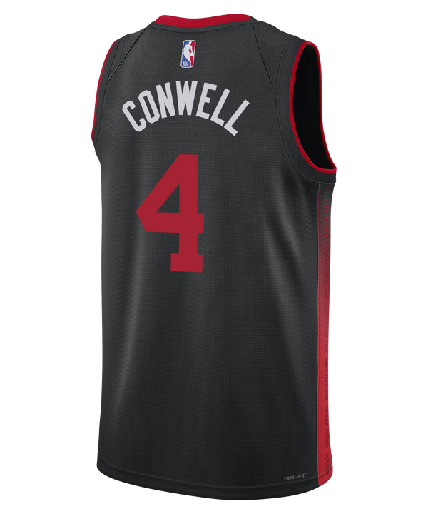 The Ryan Conwell Nike HEAT Culture Youth Swingman Jersey features a black design with red trim, HEAT CULTURE and number 4 on the front, plus Nike and Robinhood logos on the chest.
