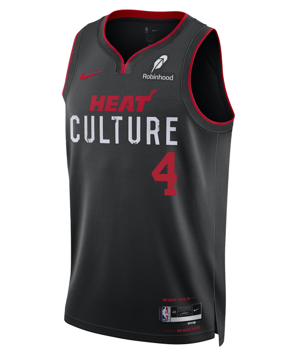 The Ryan Conwell Nike HEAT Culture Swingman Jersey features a black design with red trim, 