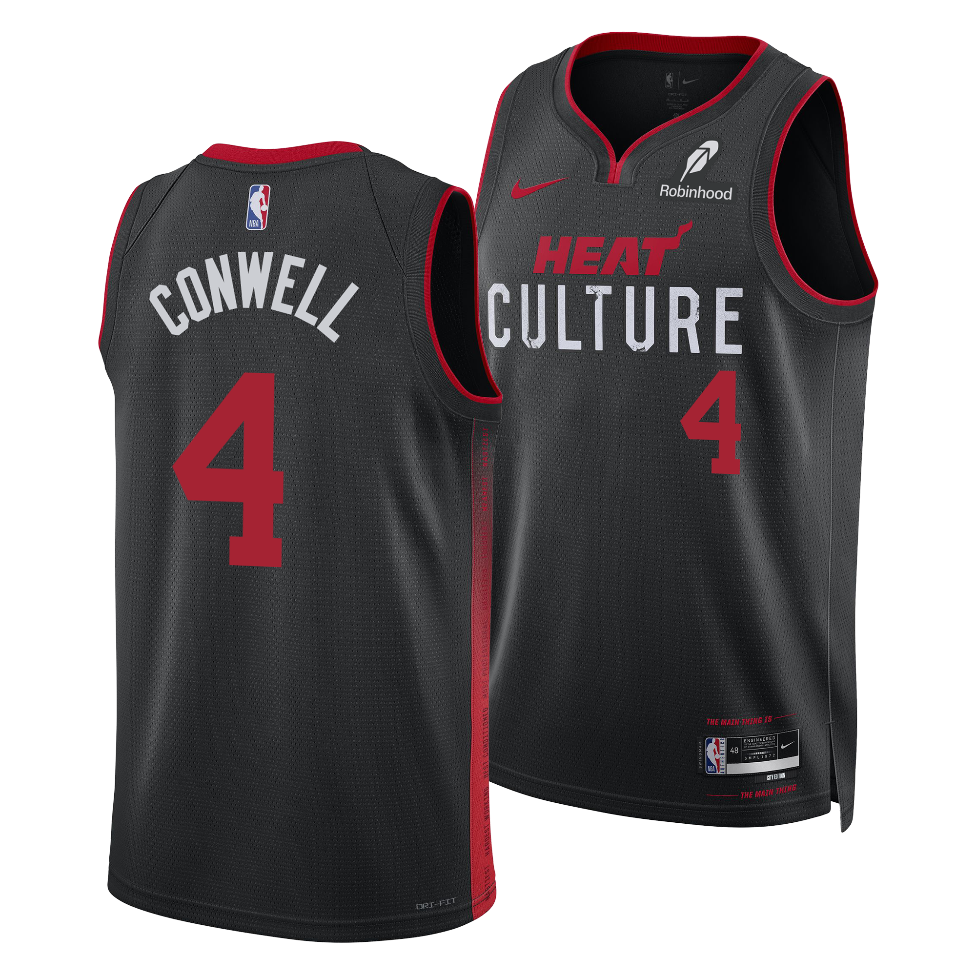 The Nike Ryan Conwell HEAT Culture Swingman Jersey features a black 2023-24 City Edition design with red accents, number 4 and 