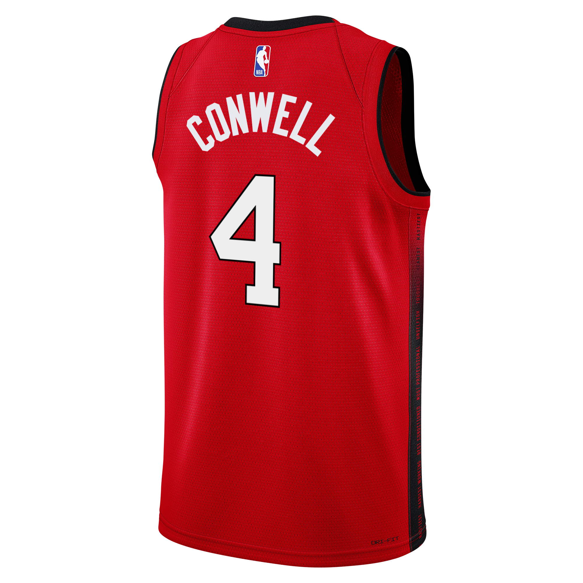 The Nike Ryan Conwell HEAT Culture Blood Red Swingman Jersey features black trim, CONWELL and number 4 in white on the back, and an NBA logo at the neckline, inspired by the HEAT Culture uniform.