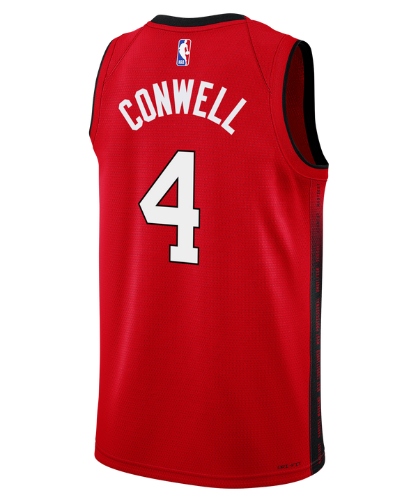 The Ryan Conwell Nike HEAT Culture: Blood Red Youth Swingman Jersey features bold black “HEAT CULTURE” lettering, number 4, and Nike, Robinhood, and NBA logos—exclusive to the 2024-25 season.